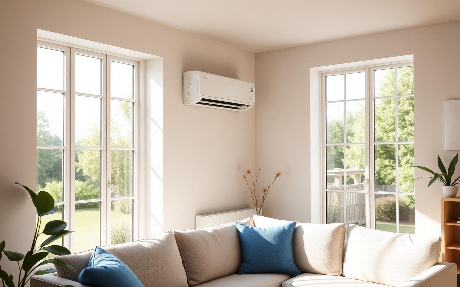 Modern UK living room with wall-mounted air conditioning unit
